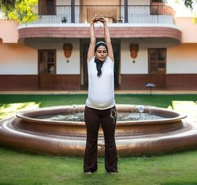 Yoga Tadasana - a lady standing straight with raised hands in tadasana yoga pose