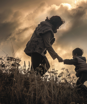 mother helping to son